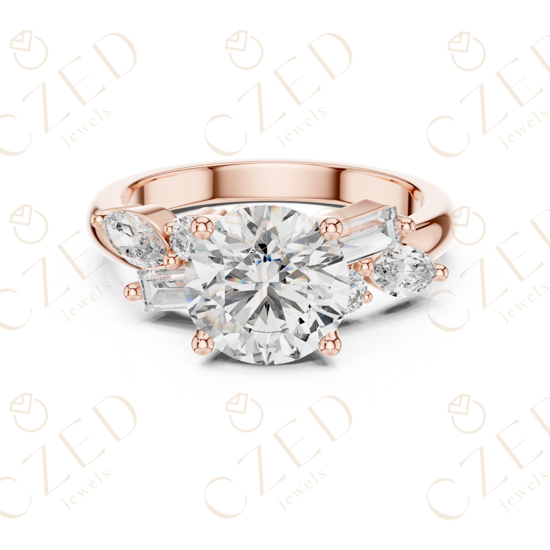Round Cut Diamond Ring with Marquise and Baguette Side Stones