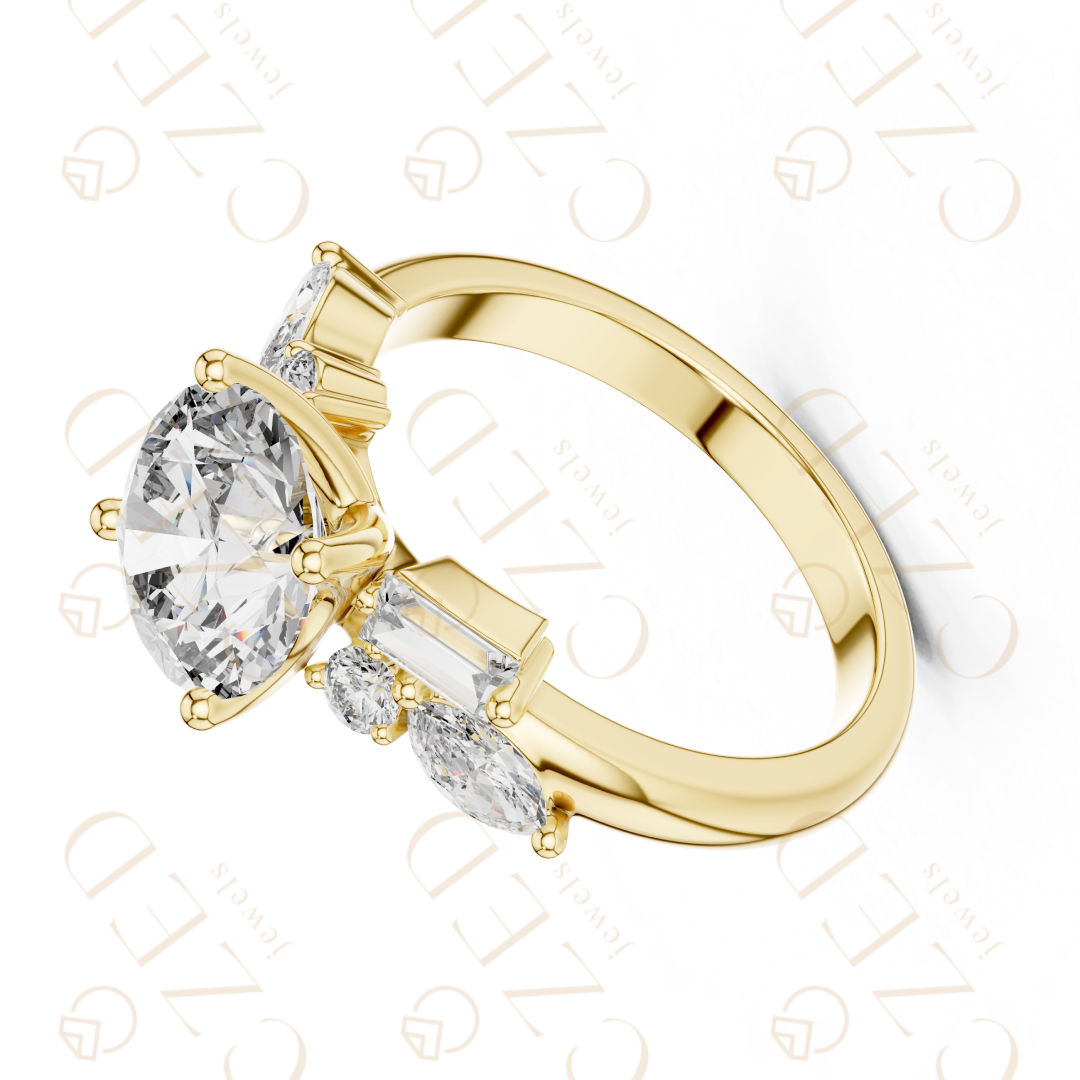 Round Cut Diamond Ring with Marquise and Baguette Side Stones