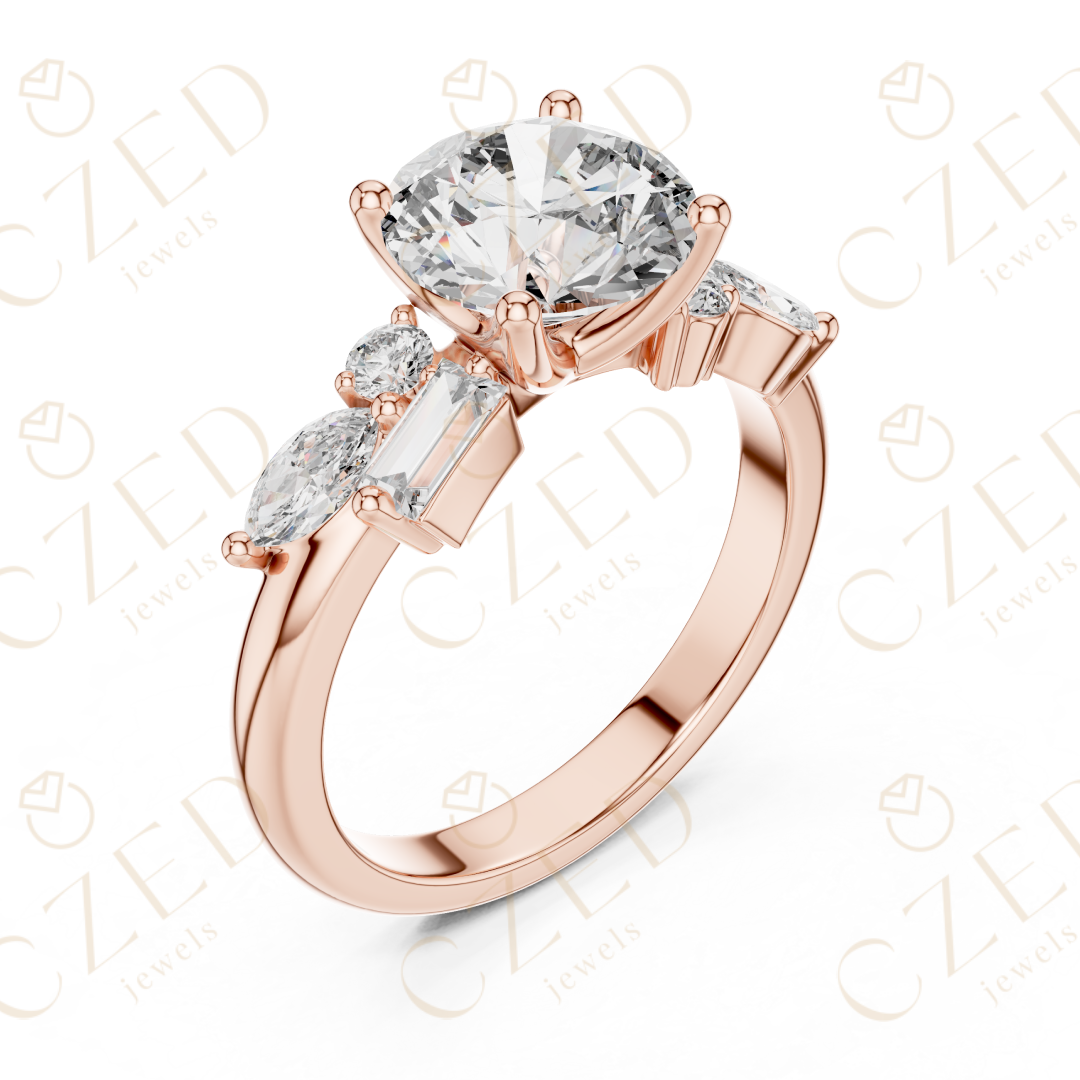 Round Cut Diamond Ring with Marquise and Baguette Side Stones