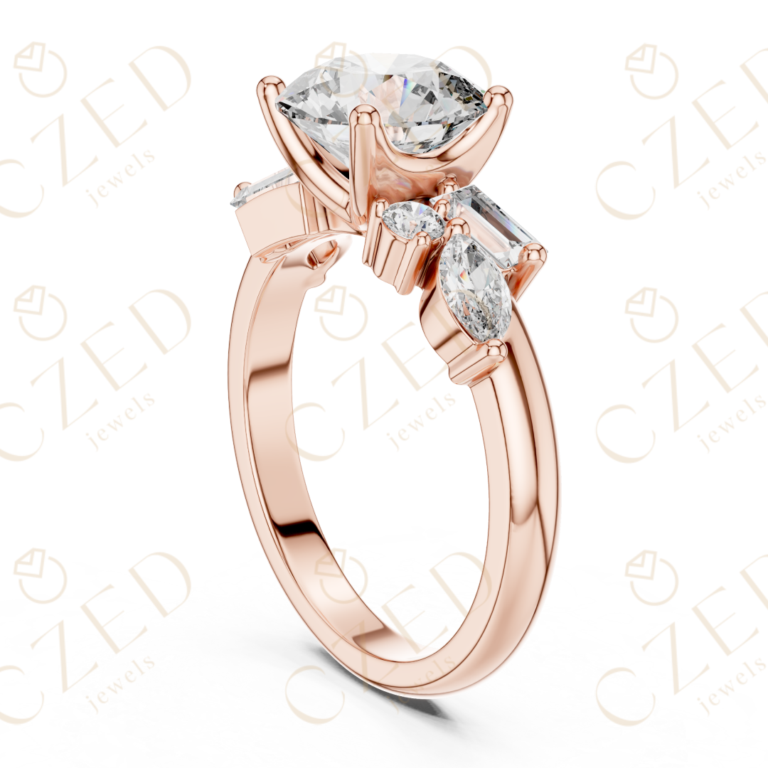Round Cut Diamond Ring with Marquise and Baguette Side Stones