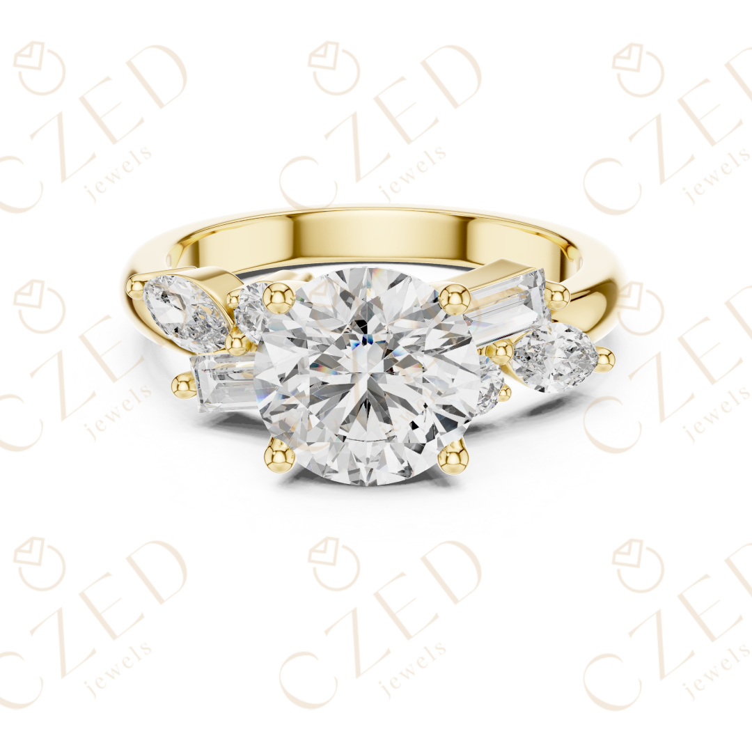 Round Cut Diamond Ring with Marquise and Baguette Side Stones
