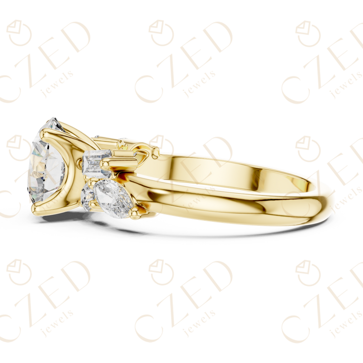 Round Cut Diamond Ring with Marquise and Baguette Side Stones