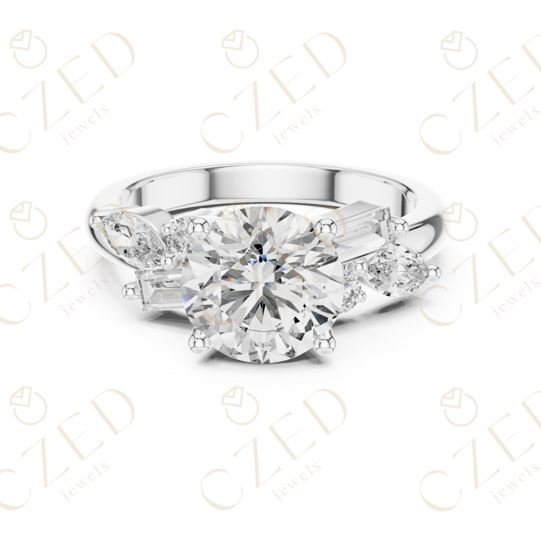 Round Cut Diamond Ring with Marquise and Baguette Side Stones