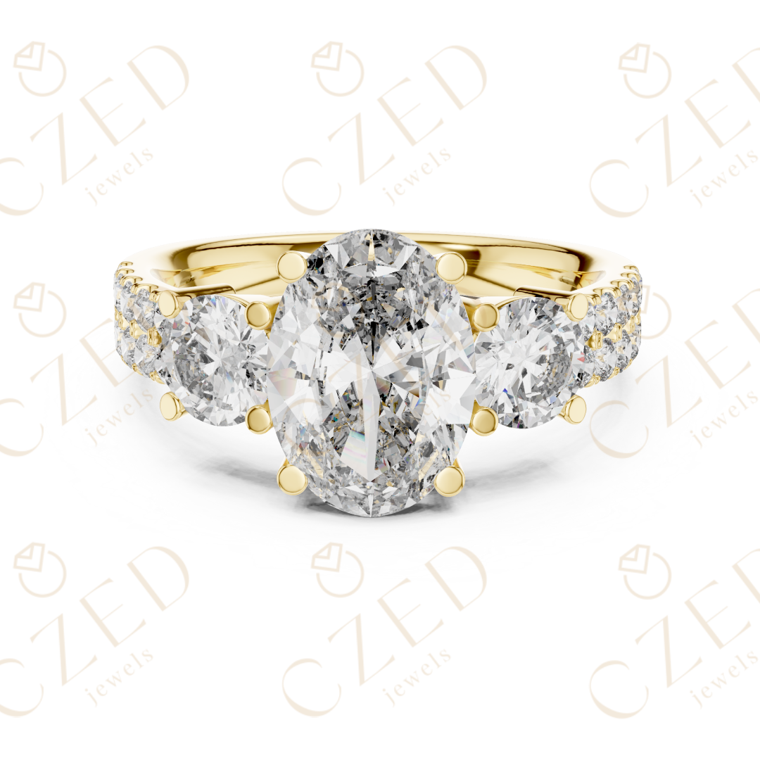 Oval Cut Diamond Three Stone Ring with Round Side Diamonds