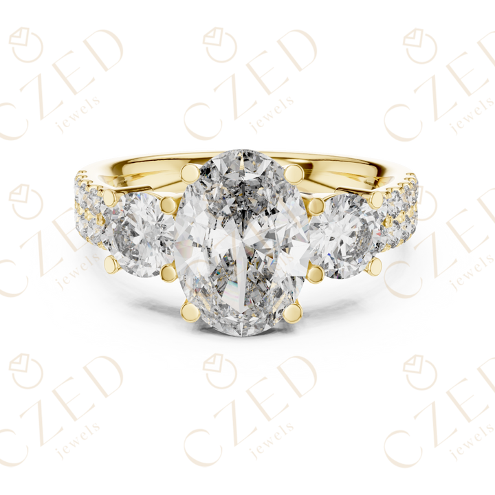 Oval Cut Diamond Three Stone Ring with Round Side Diamonds