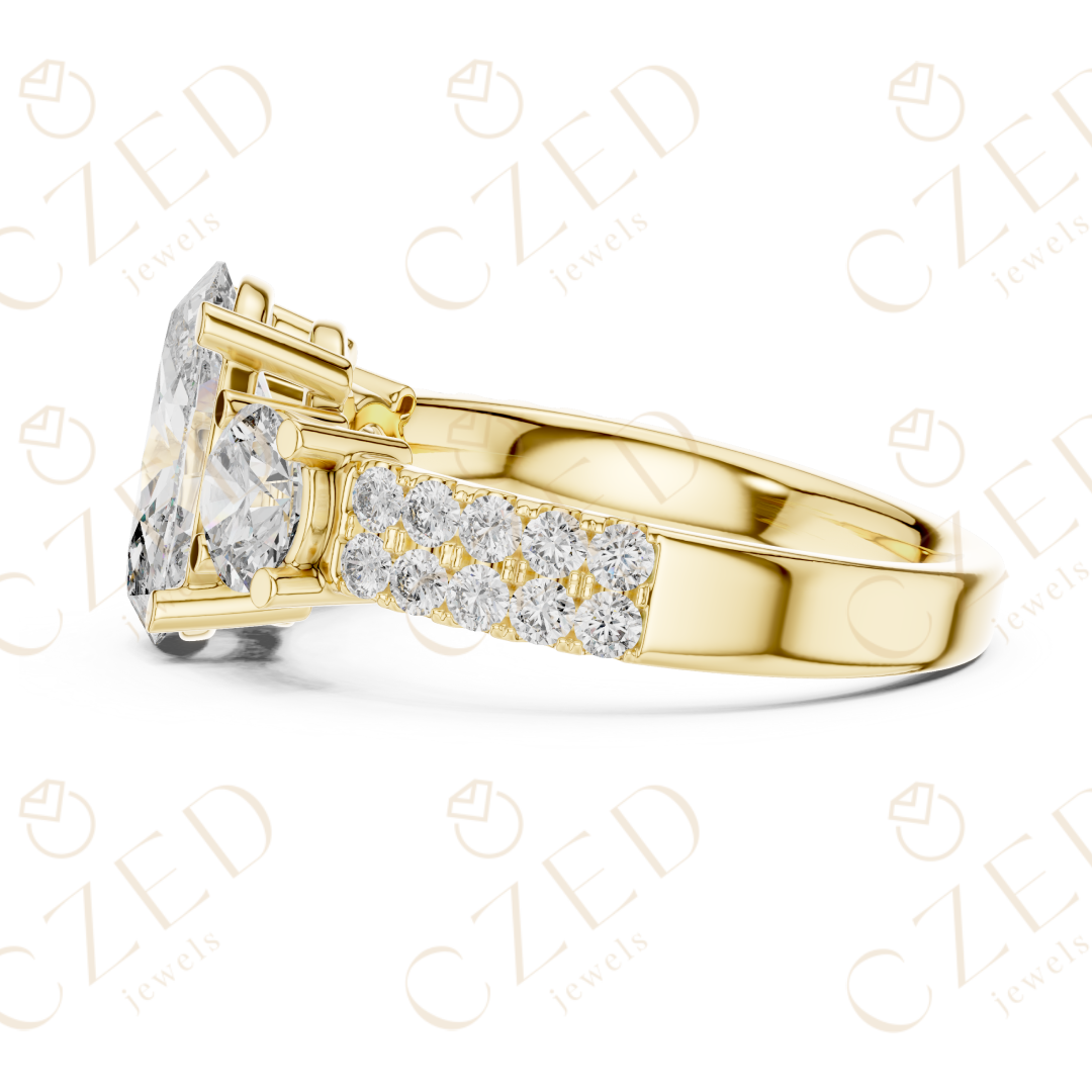 Oval Cut Diamond Three Stone Ring with Round Side Diamonds