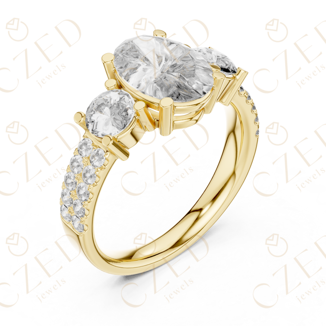 Oval Cut Diamond Three Stone Ring with Round Side Diamonds