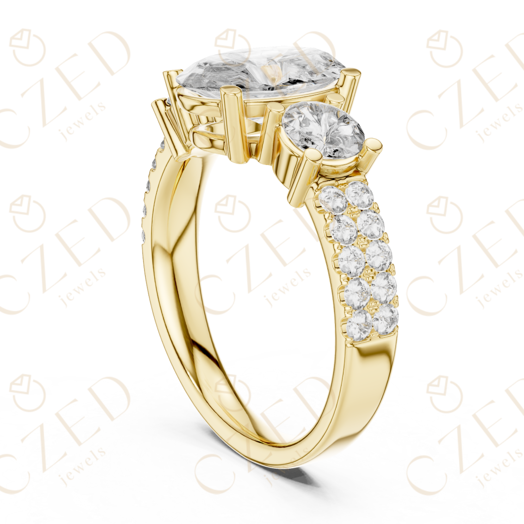 Oval Cut Diamond Three Stone Ring with Round Side Diamonds