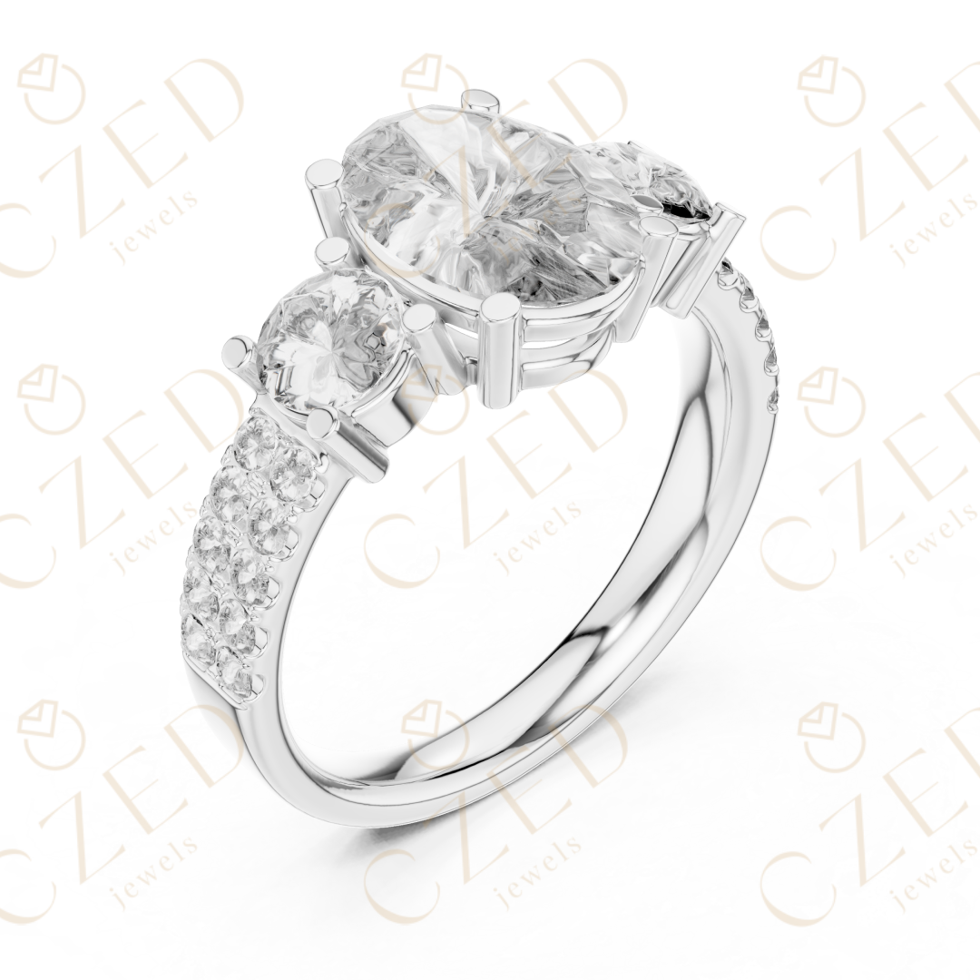 Oval Cut Diamond Three Stone Ring with Round Side Diamonds