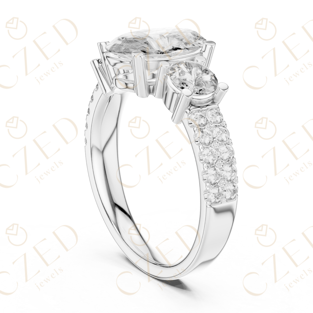 Oval Cut Diamond Three Stone Ring with Round Side Diamonds