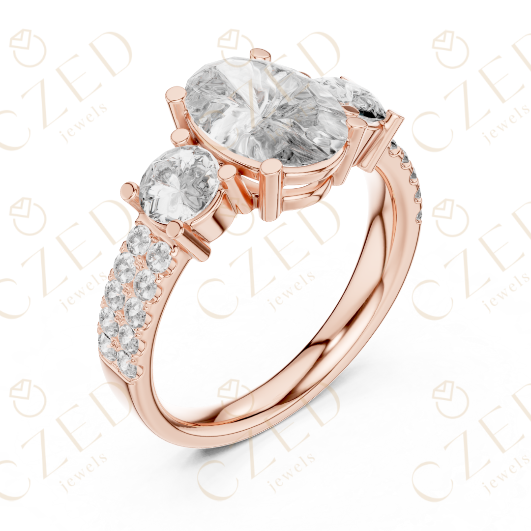 Oval Cut Diamond Three Stone Ring with Round Side Diamonds