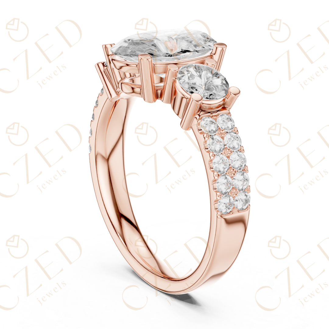 Oval Cut Diamond Three Stone Ring with Round Side Diamonds