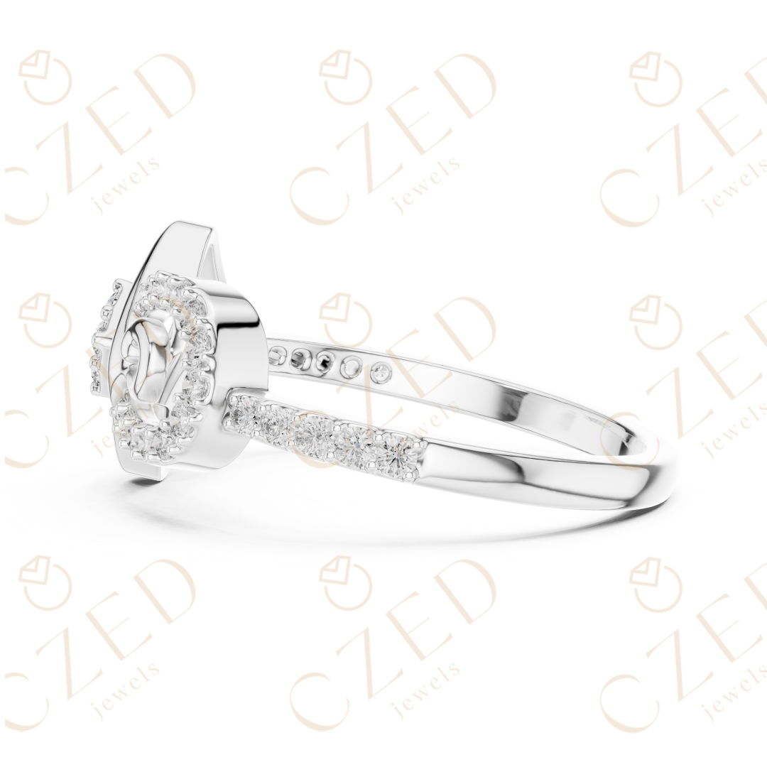 Round Cut Diamond Geometric Square Scroll Halo Ring