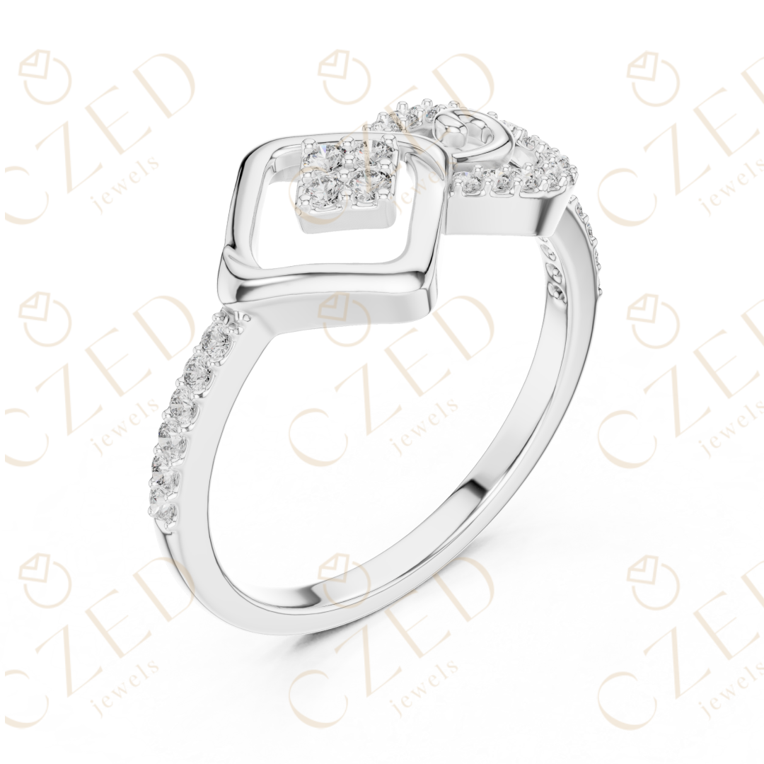 Round Cut Diamond Geometric Square Scroll Halo Ring