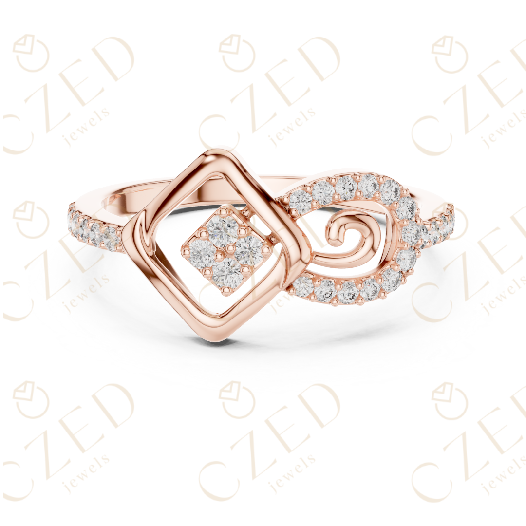 Round Cut Diamond Geometric Square Scroll Halo Ring