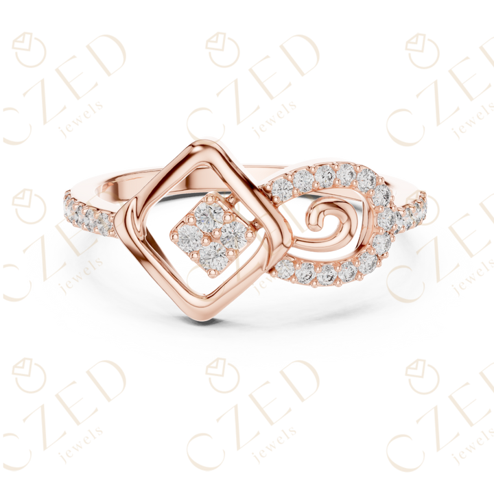 Round Cut Diamond Geometric Square Scroll Halo Ring