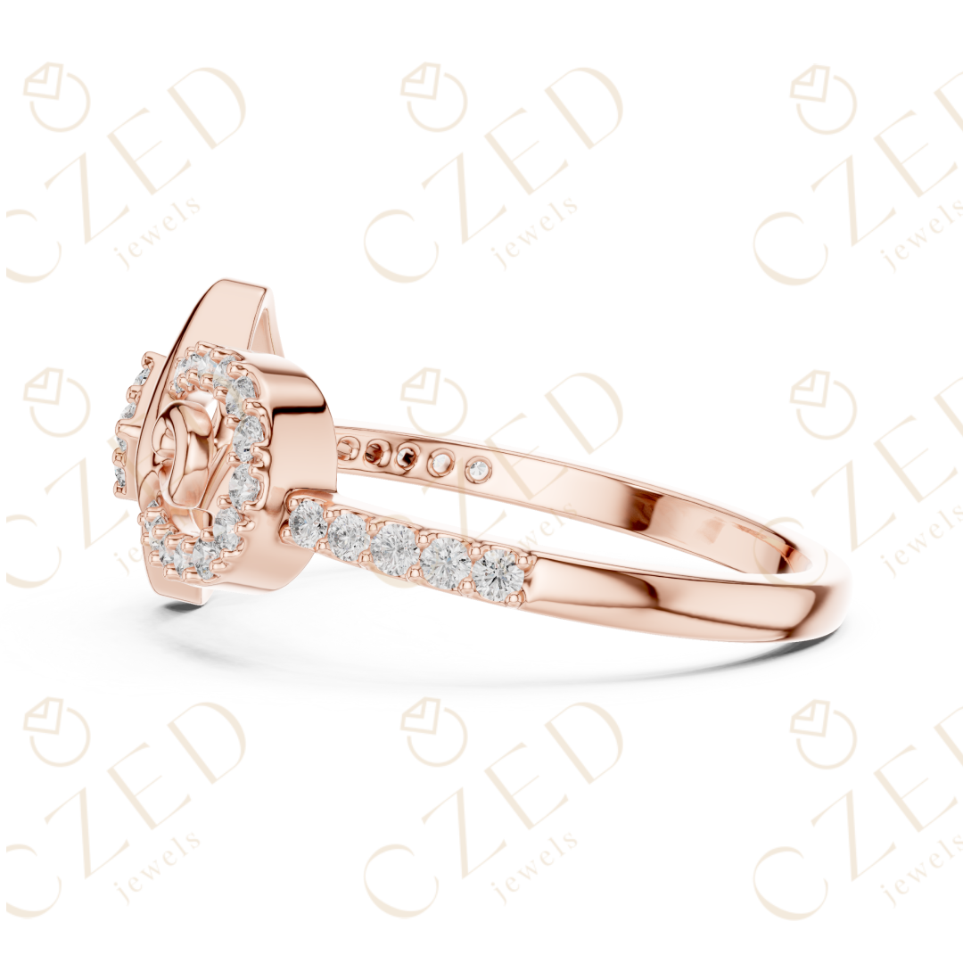 Round Cut Diamond Geometric Square Scroll Halo Ring