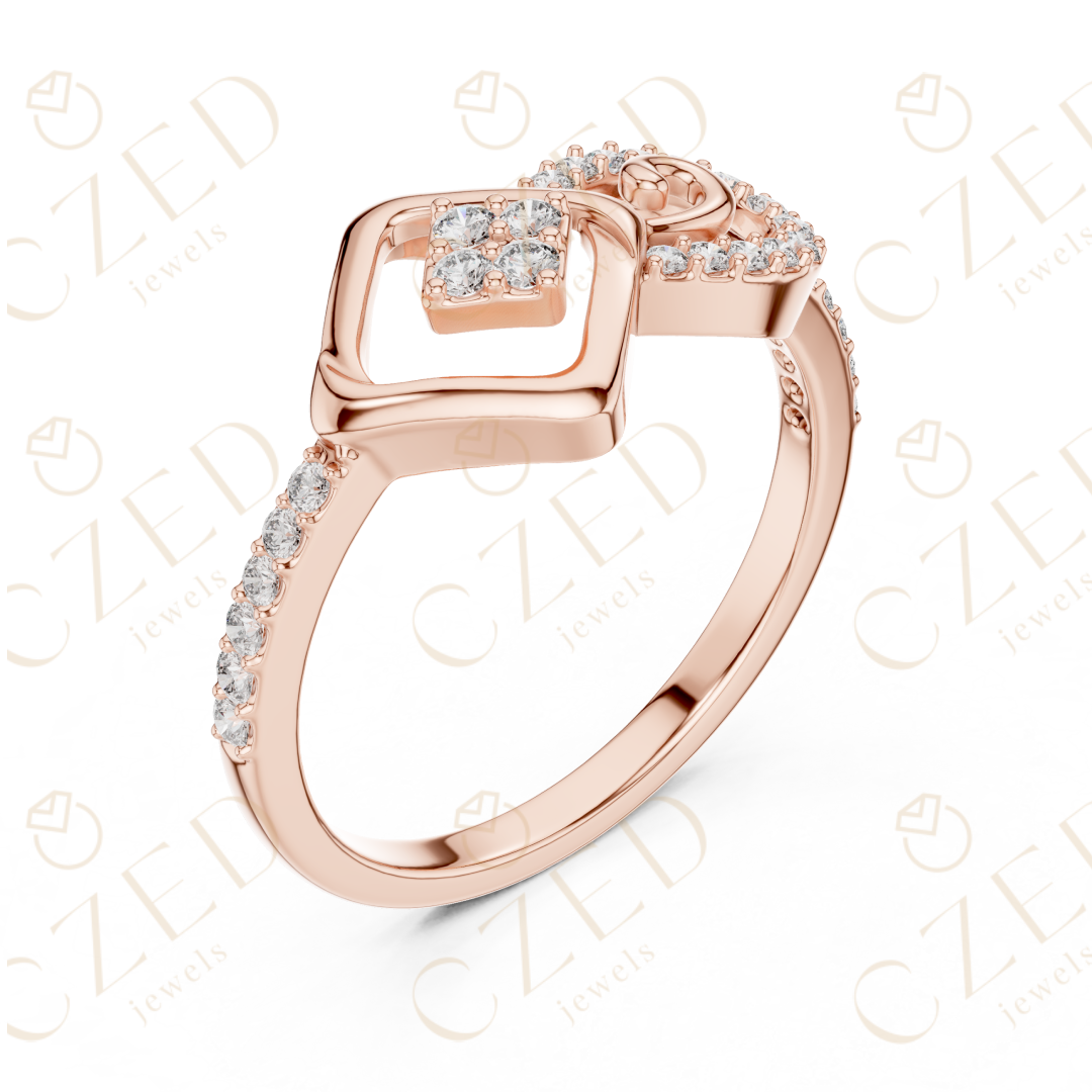 Round Cut Diamond Geometric Square Scroll Halo Ring