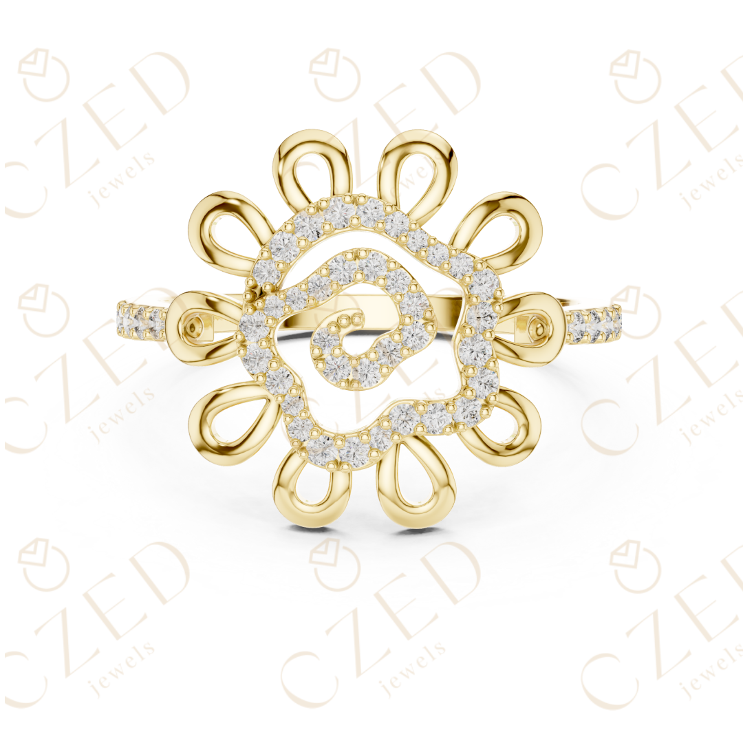 Round Cut Diamond Floral Scroll Halo Ring