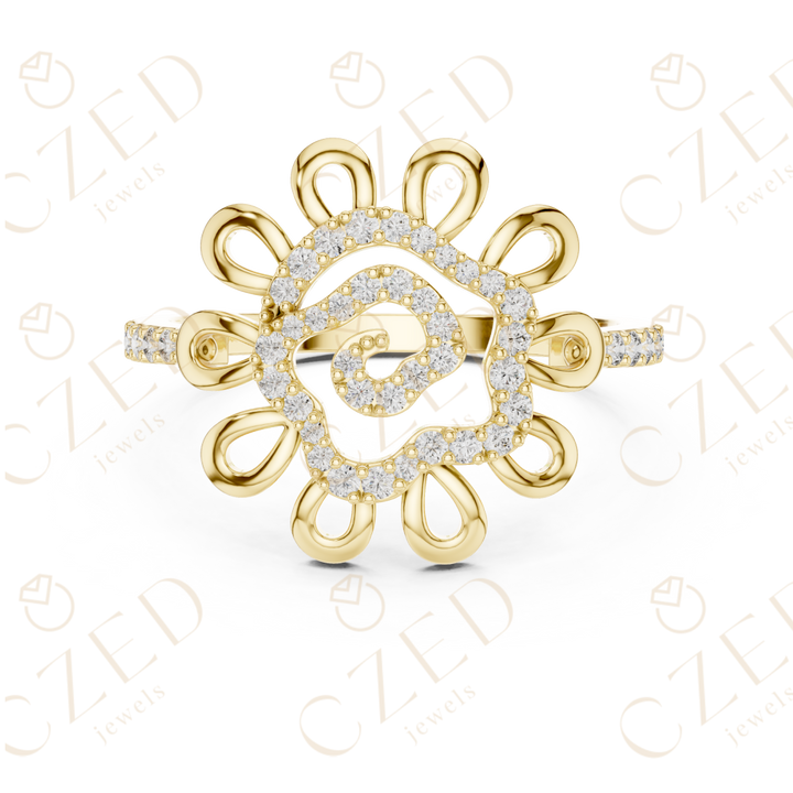 Round Cut Diamond Floral Scroll Halo Ring