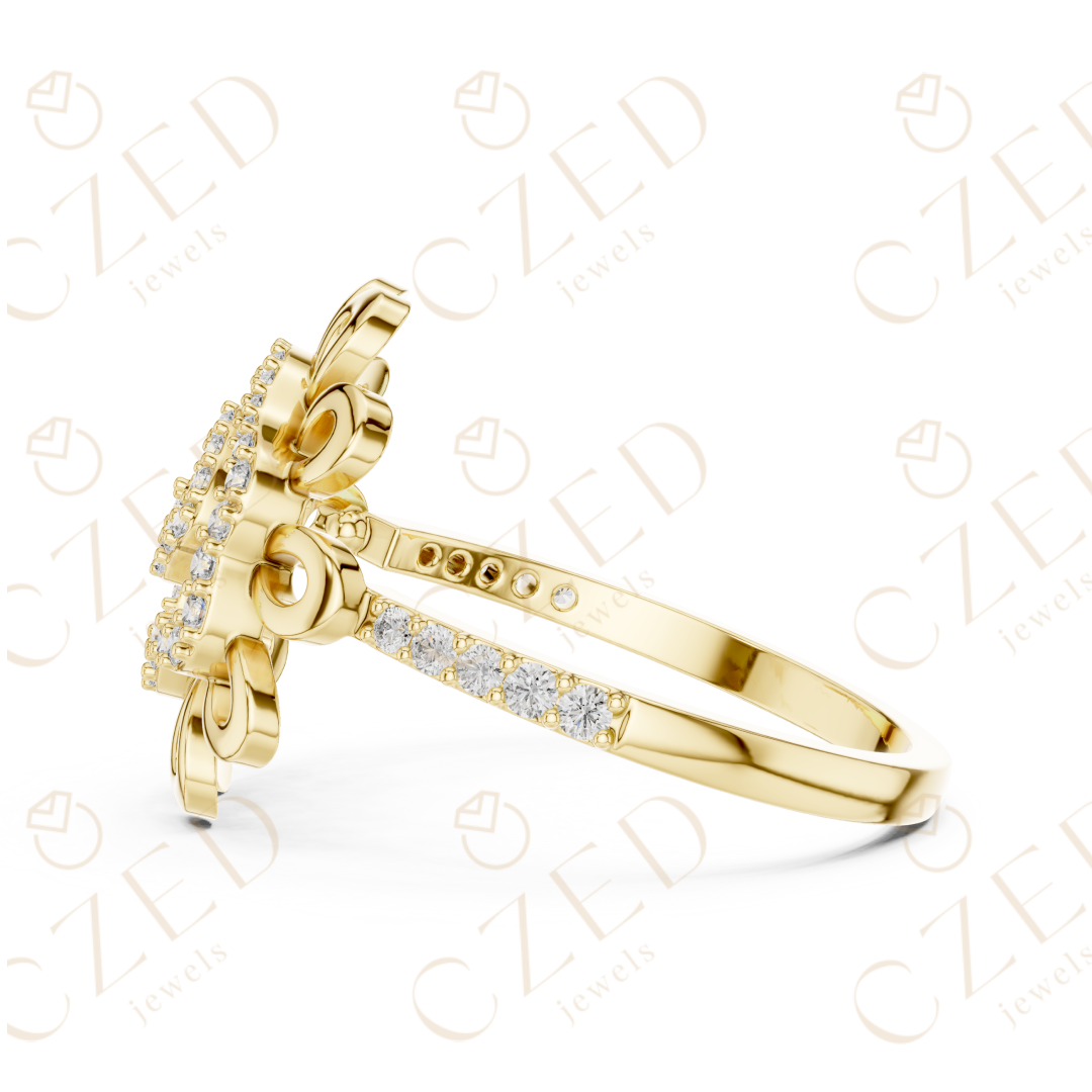 Round Cut Diamond Floral Scroll Halo Ring