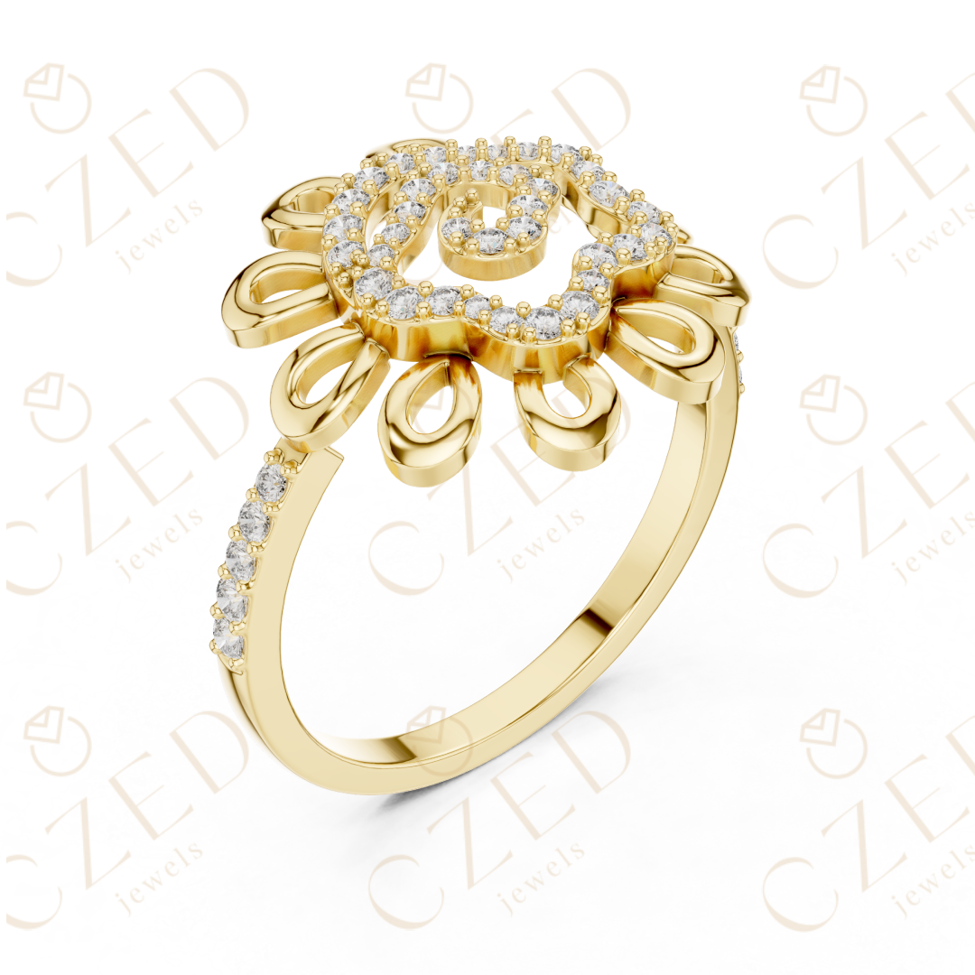 Round Cut Diamond Floral Scroll Halo Ring