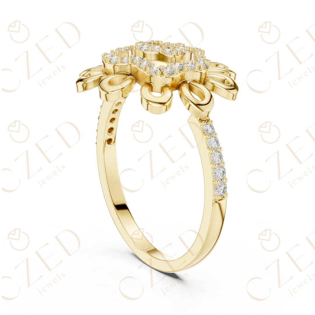 Round Cut Diamond Floral Scroll Halo Ring