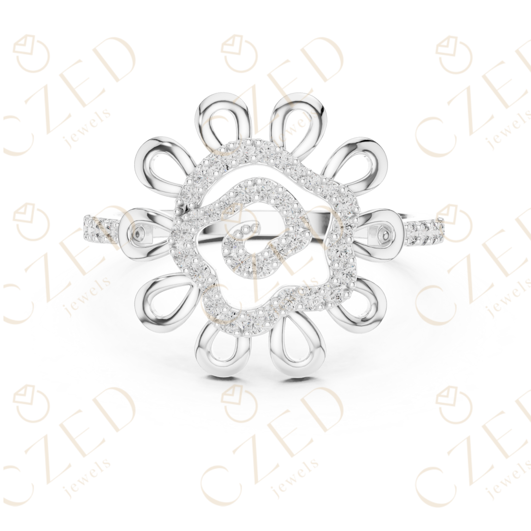 Round Cut Diamond Floral Scroll Halo Ring