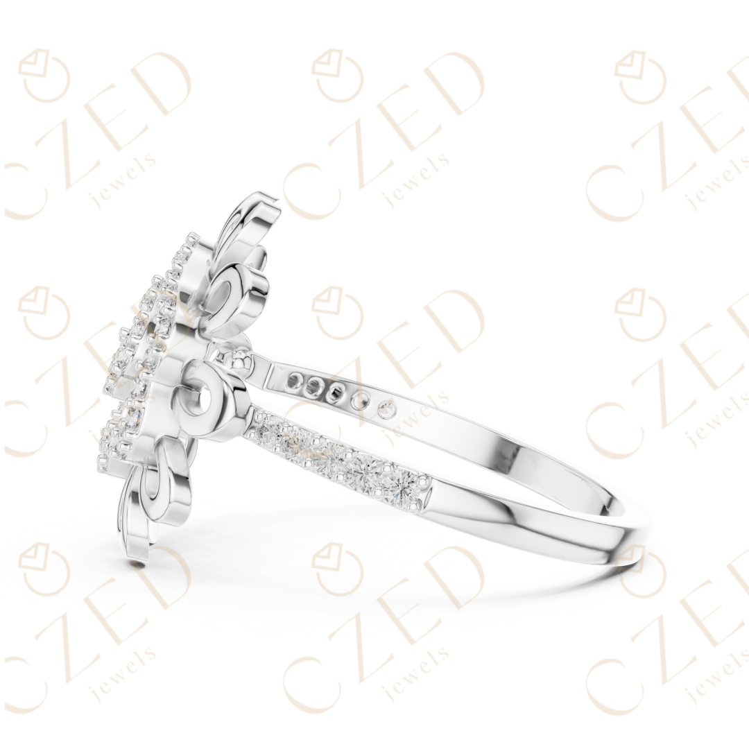 Round Cut Diamond Floral Scroll Halo Ring