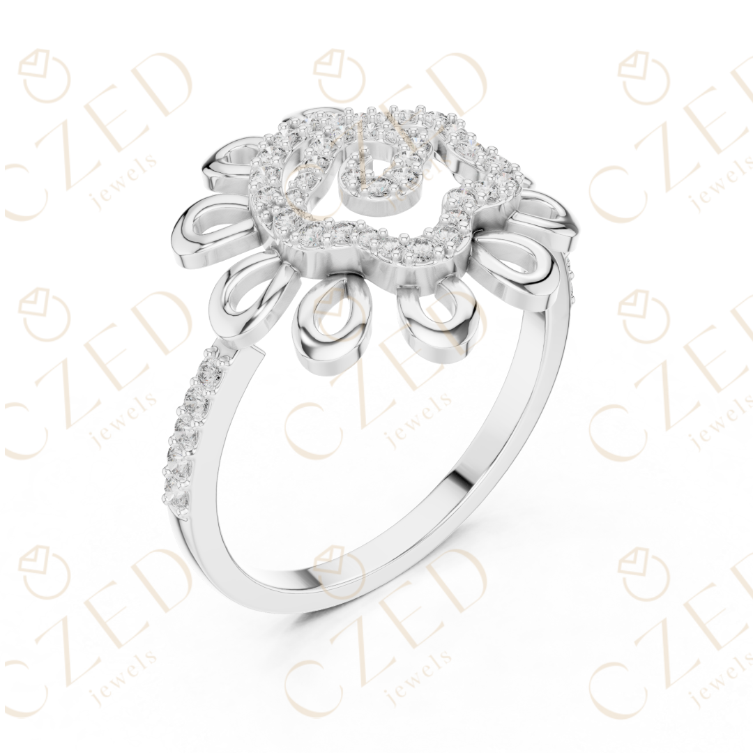 Round Cut Diamond Floral Scroll Halo Ring