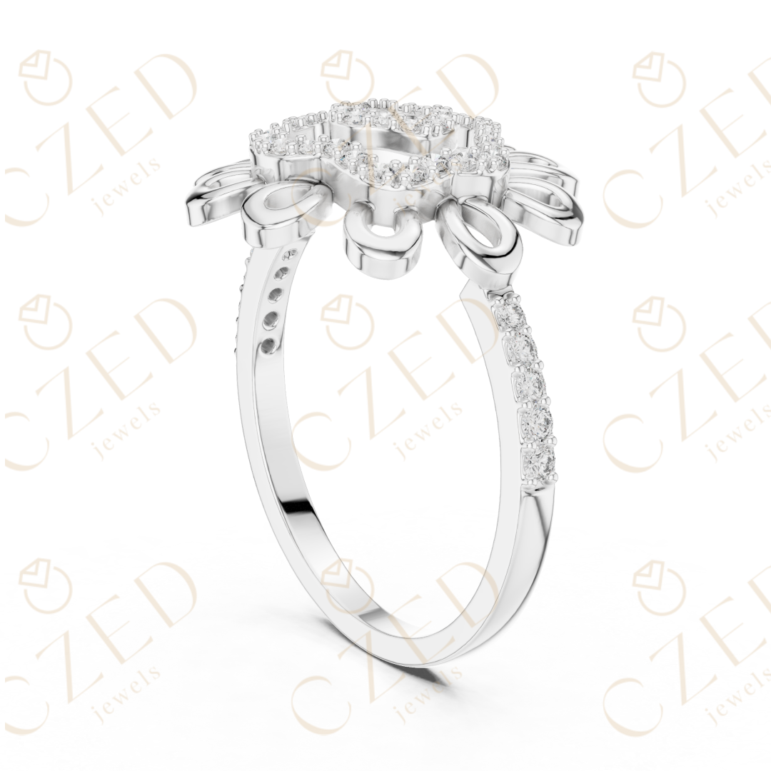 Round Cut Diamond Floral Scroll Halo Ring