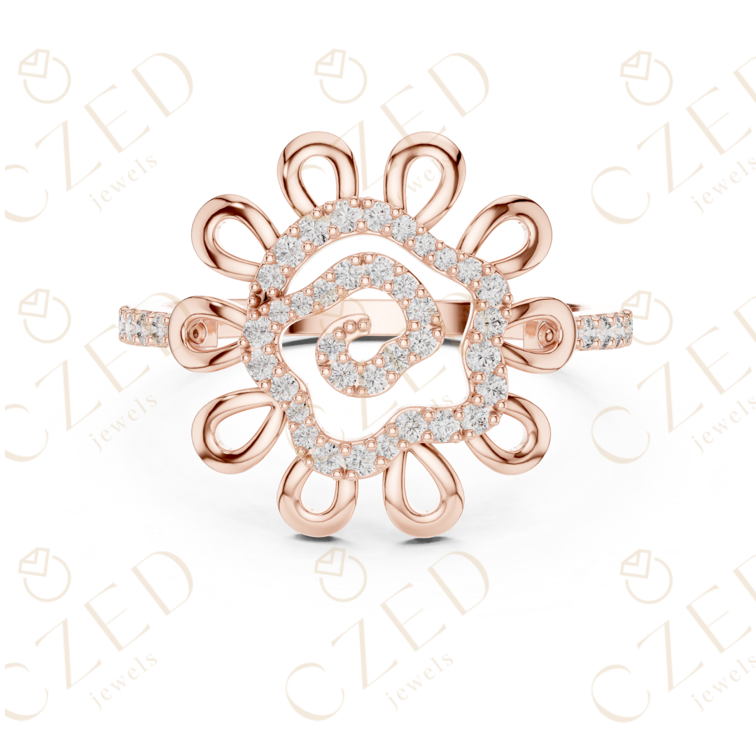 Round Cut Diamond Floral Scroll Halo Ring