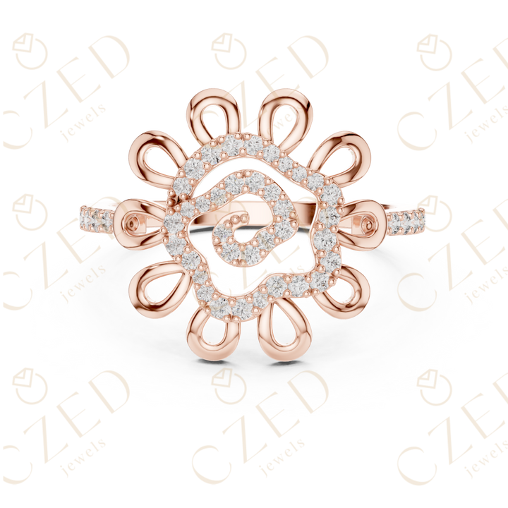 Round Cut Diamond Floral Scroll Halo Ring