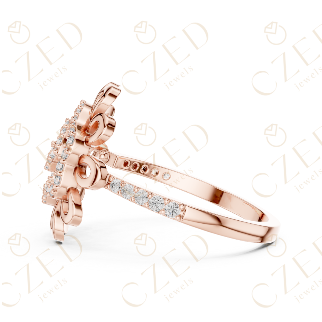 Round Cut Diamond Floral Scroll Halo Ring