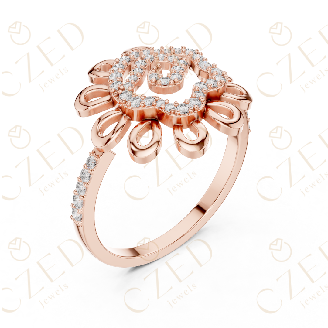 Round Cut Diamond Floral Scroll Halo Ring