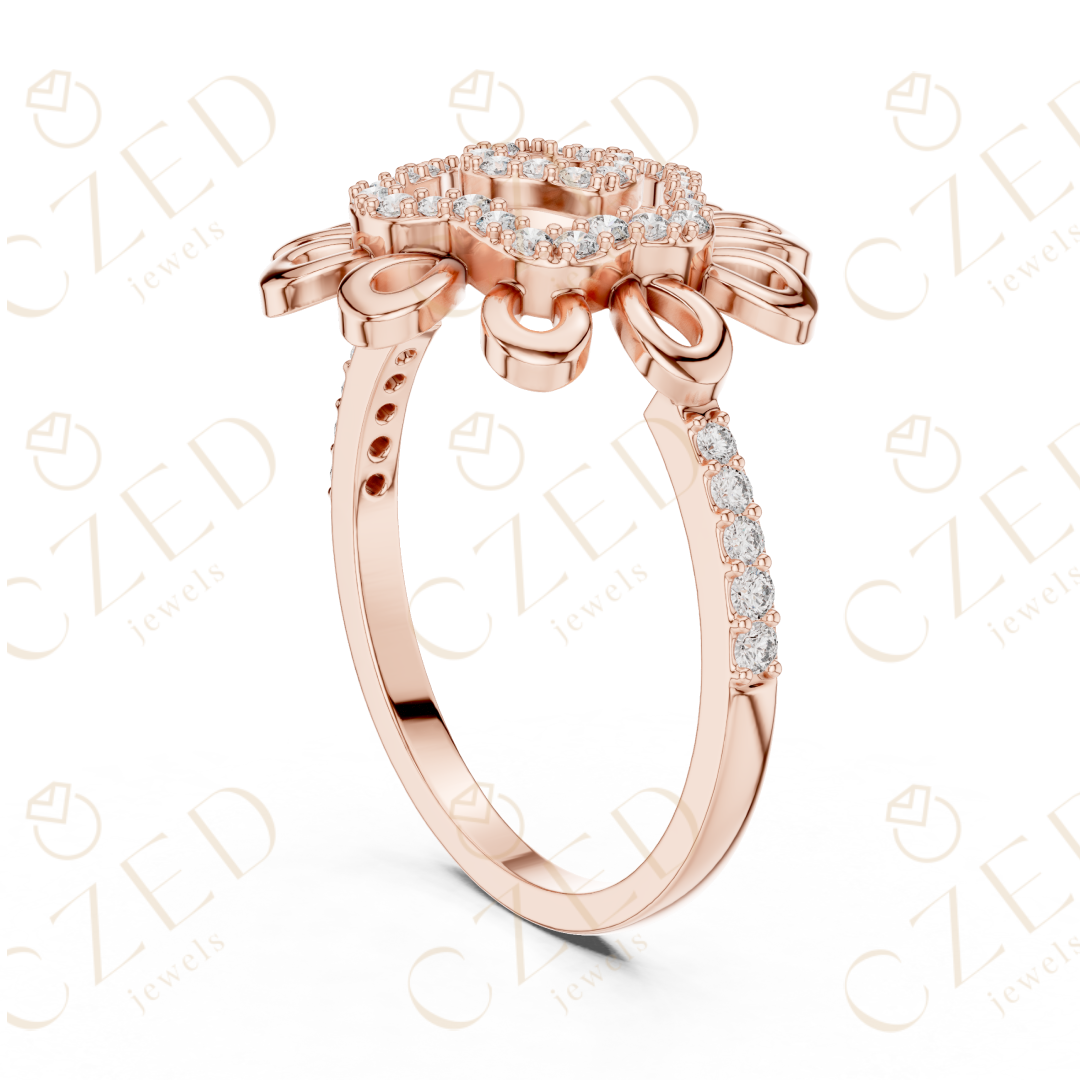 Round Cut Diamond Floral Scroll Halo Ring