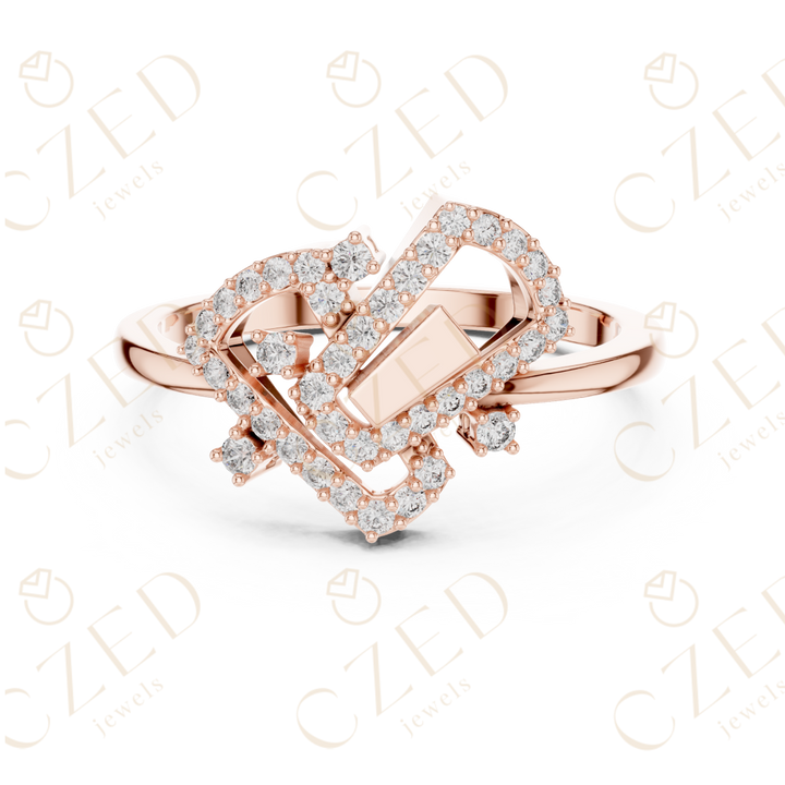 Round Cut Diamond Interlocking Geometric Square Halo Ring