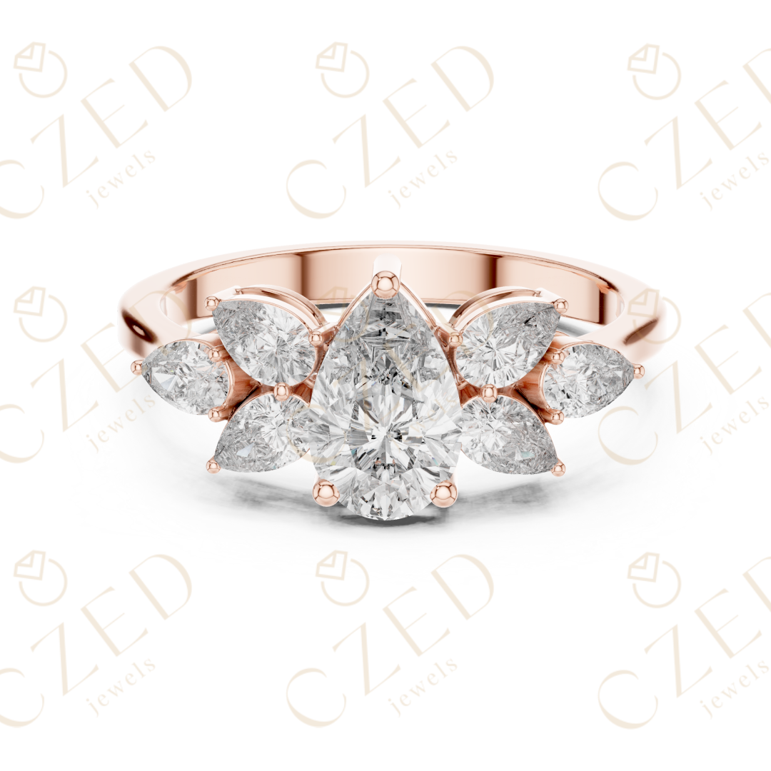Pear Cut Diamond Floral Side Stone Ring with Elegant Petal-Inspired Brilliance