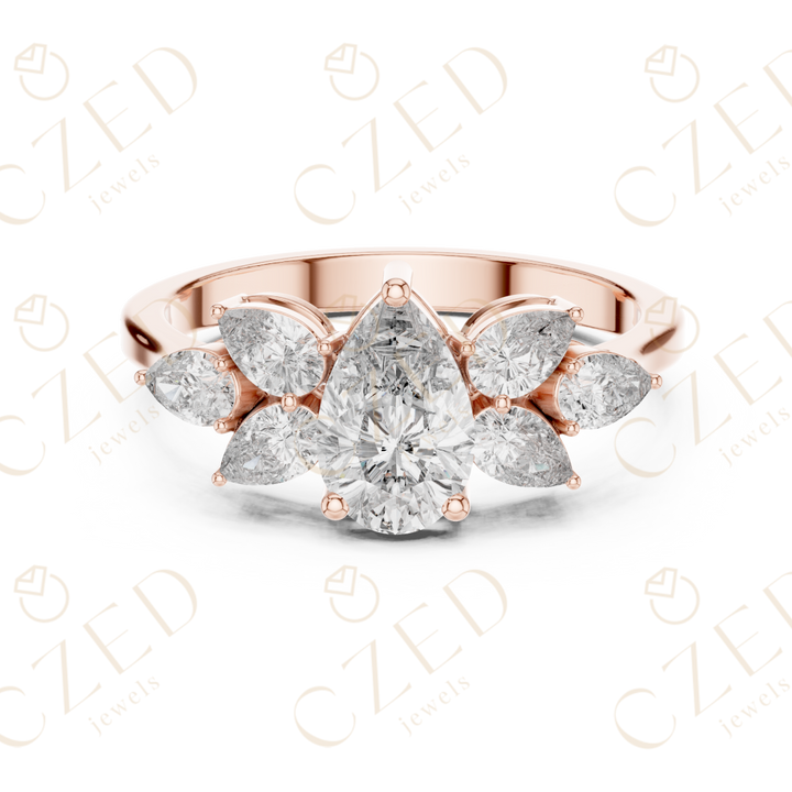 Pear Cut Diamond Floral Side Stone Ring with Elegant Petal-Inspired Brilliance