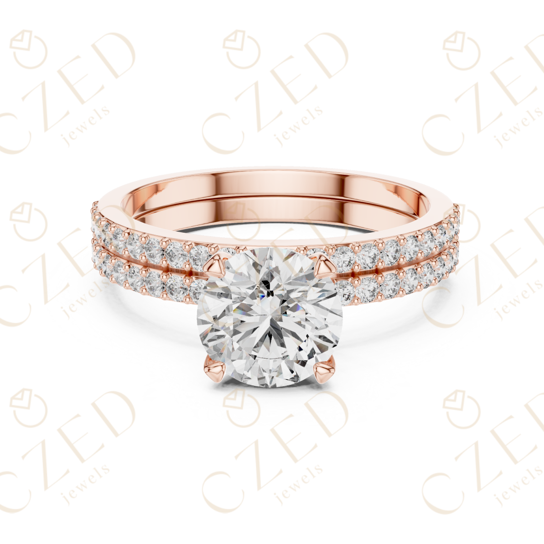 Round Brilliant Diamond Solitaire Ring with Double Row Pave Band