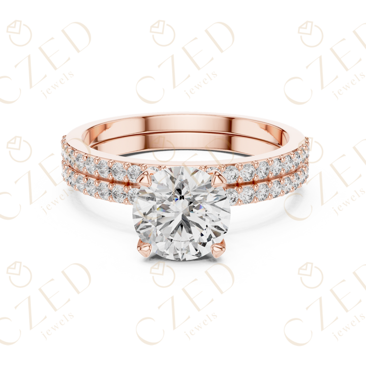 Round Brilliant Diamond Solitaire Ring with Double Row Pave Band
