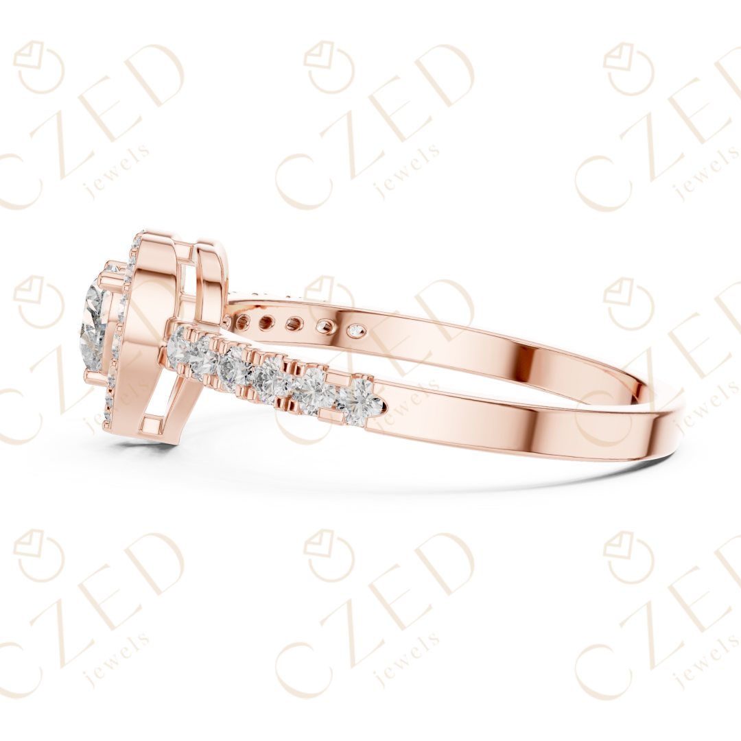 Heart Cut Diamond Halo Ring with Pavé Accented Band and Romantic Brilliance