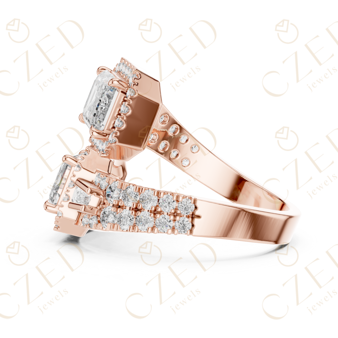 Emerald Cut Diamond Halo Ring with Baguette Side Stones