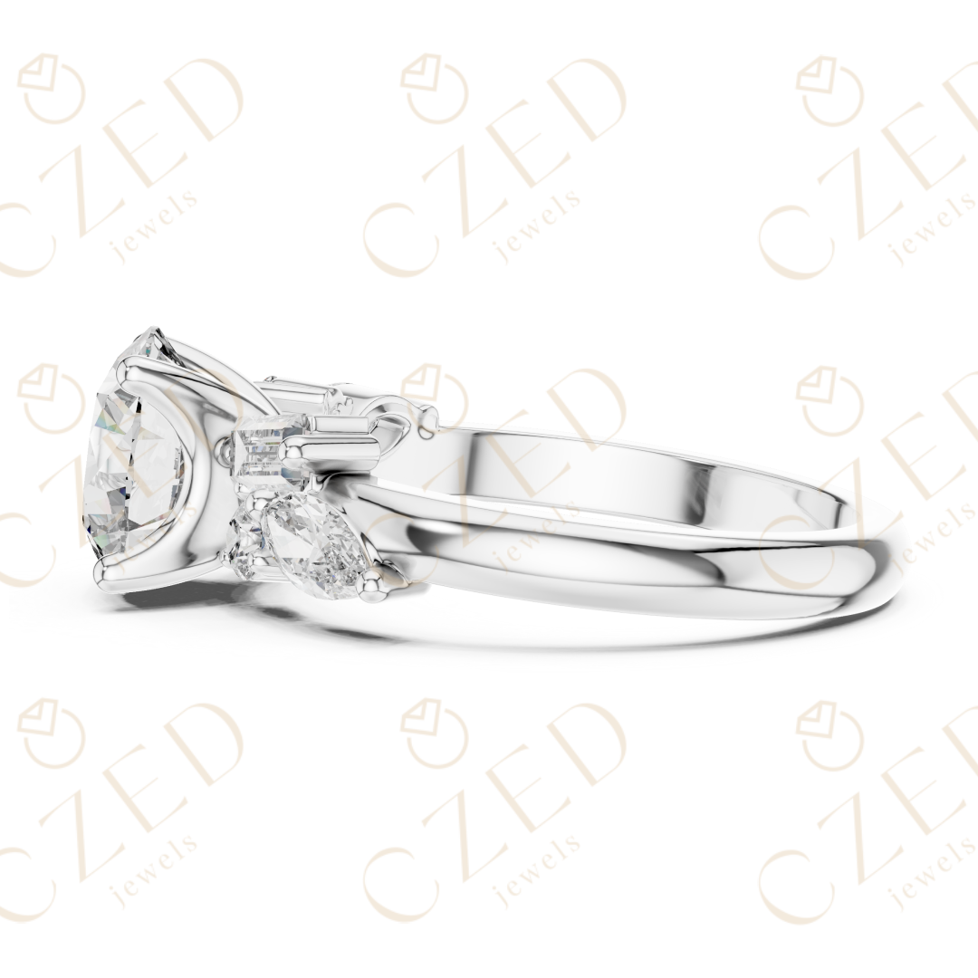 Round Cut Diamond Ring with Marquise and Baguette Side Stones