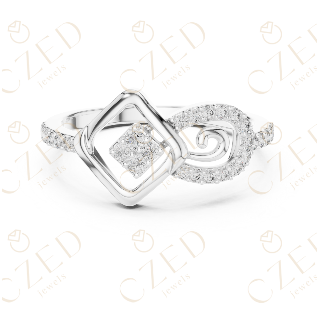 Round Cut Diamond Geometric Square Scroll Halo Ring