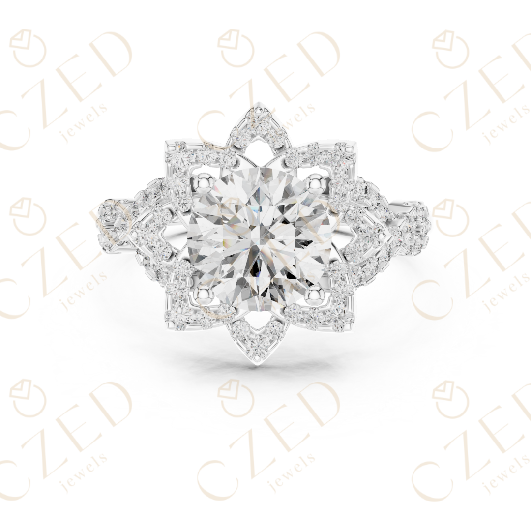 Round Cut Floral Halo Diamond Engagement Ring