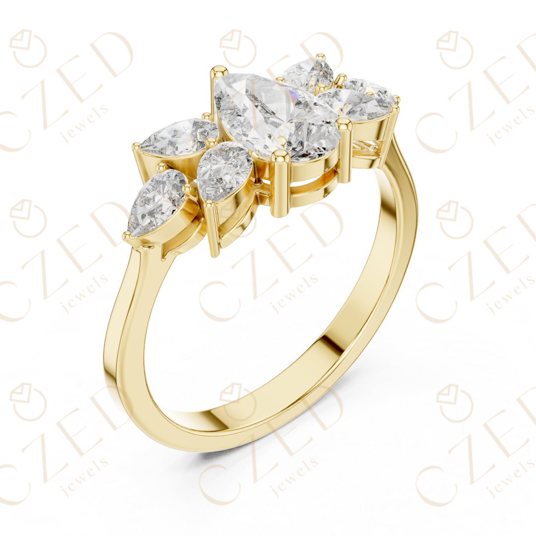 Pear Cut Diamond Floral Side Stone Ring with Elegant Petal-Inspired Brilliance