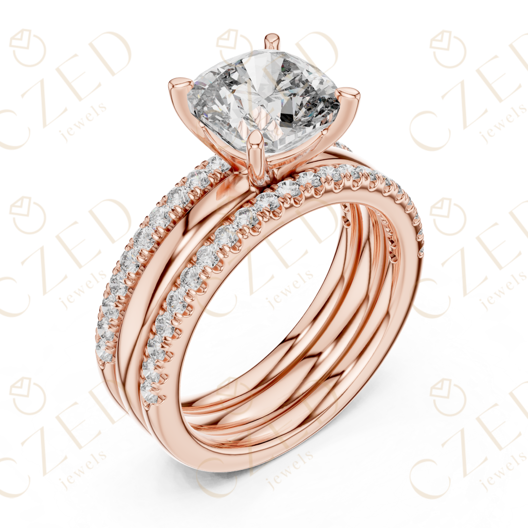 Cushion Cut Diamond Solitaire Ring with Pavé Band Stack