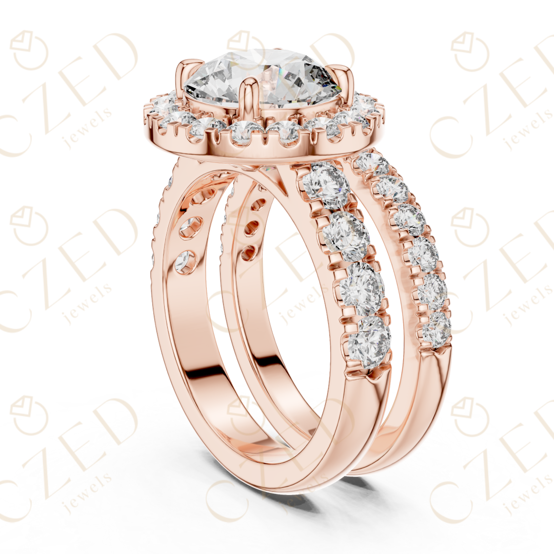 Round Brilliant Diamond Halo Ring with Double Row Pave Band and Matching Band