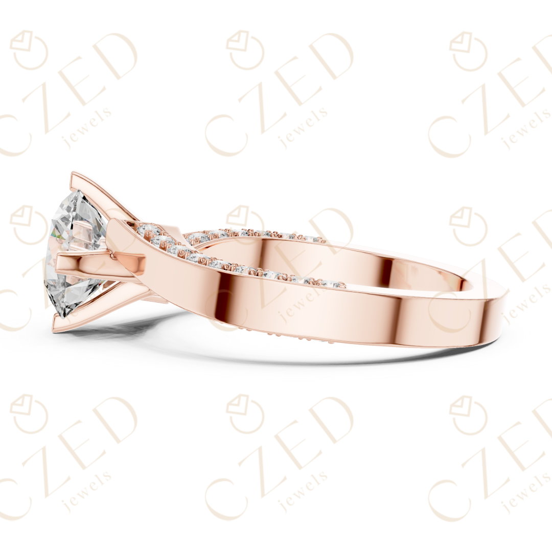 Round Brilliant Solitaire Diamond Ring with Twisted Pavé Accents